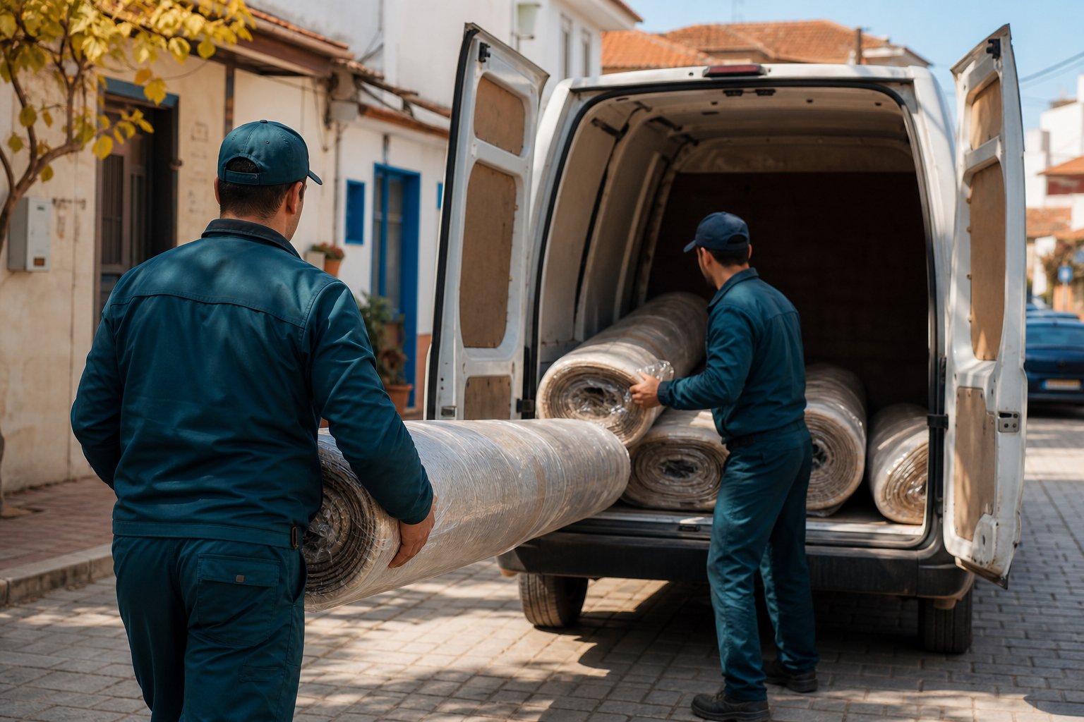 Korkmaz Halı Yıkama ekibi paketlenmiş halıları araca yüklüyor
